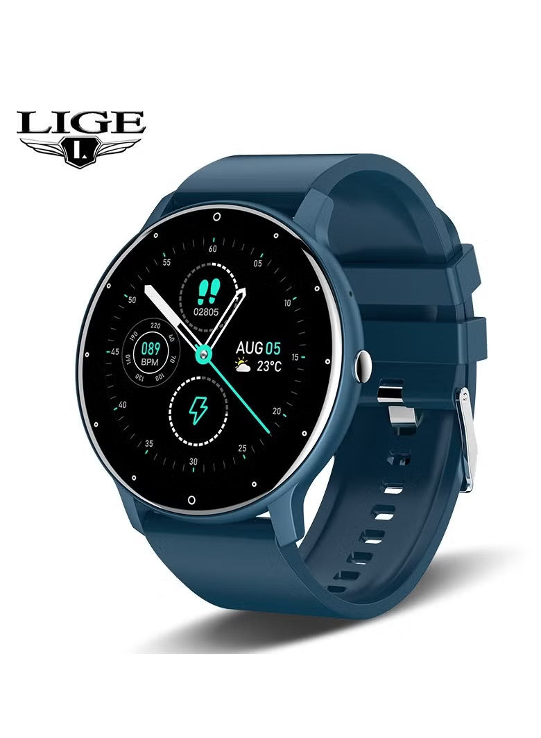 Smart Watch 1.28 inch Full Touch Screen Sport Tracker Watch Waterproof Bluetooth Silicone Strap Blue for Men Women