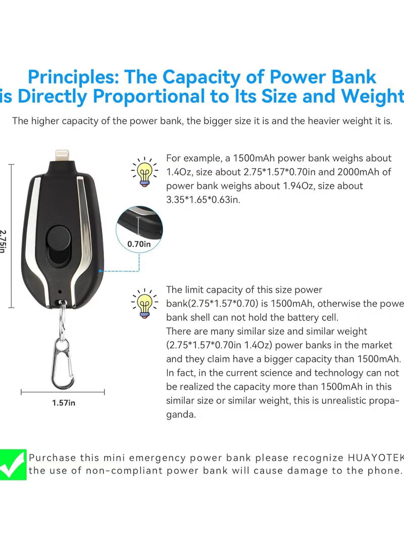 Mini Emergency Power Outlet, 100% Full Capacity Keychain Portable Charger for iPhone Power Emergency Compartment Fast Charging Power Bank Battery Pack for iPhone, iPad, AirPods, iOS (Black)